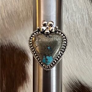 ❤️ Rare Persian Turquoise w Pyrite Heart Squash Blossom Navajo 925 Adj Ring 8.9G